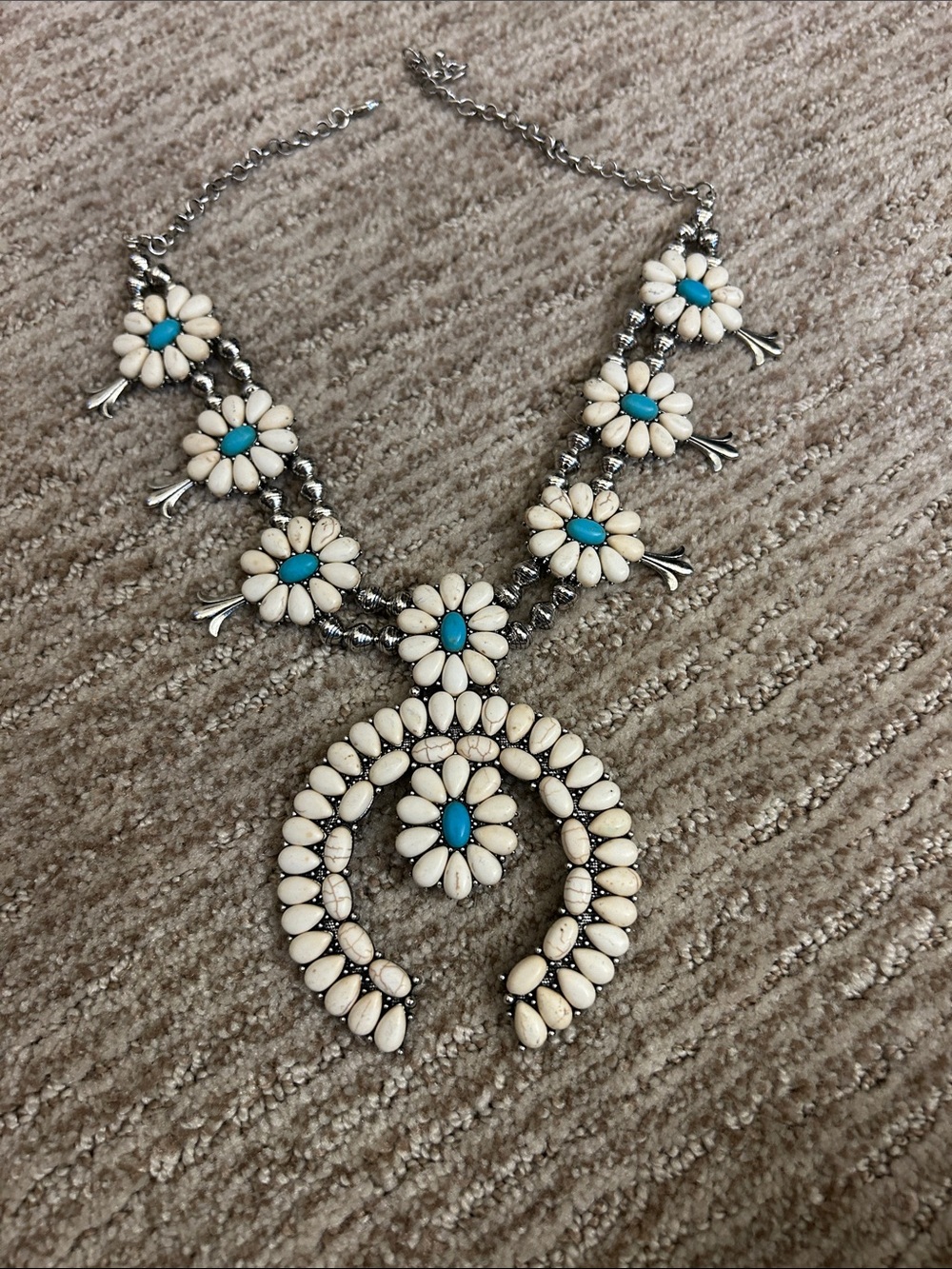 Statement Turquoise & Cream Floral Squash Blossom Necklace